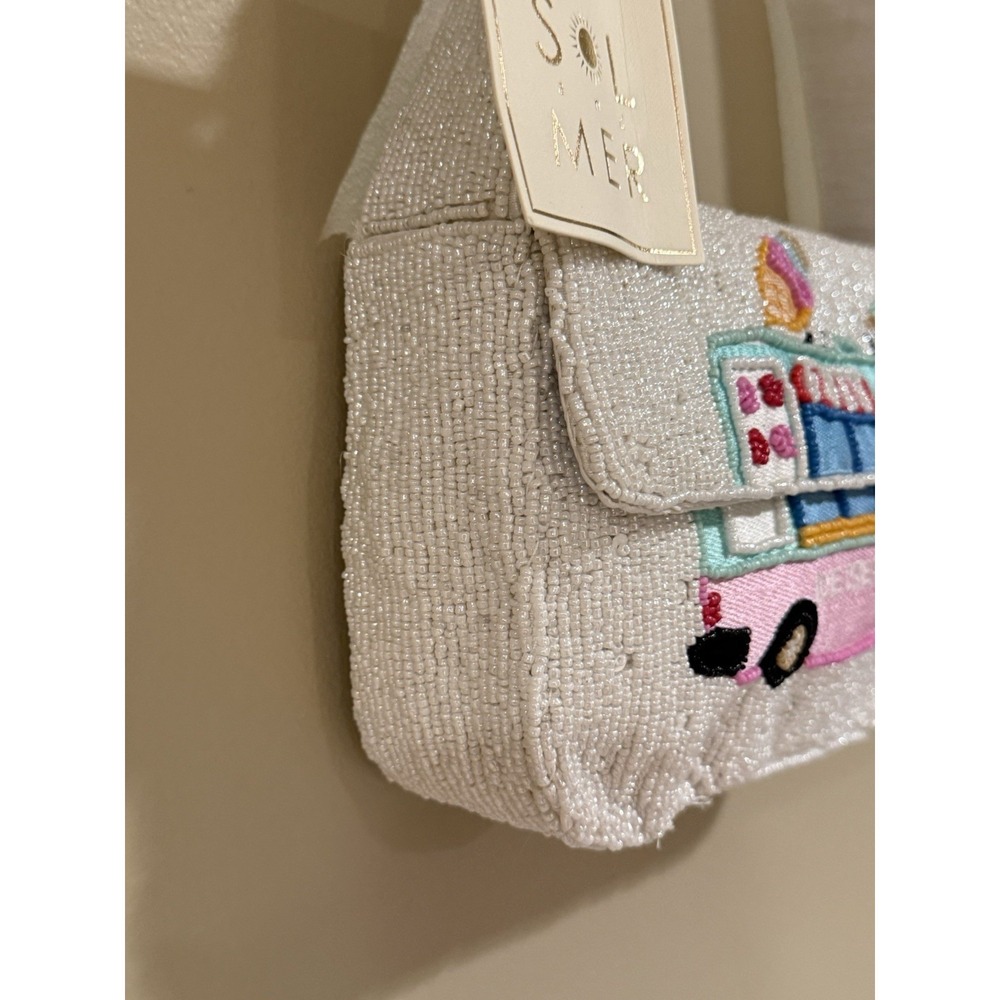 Sol & Mer White Beaded Embroidered Ice Cream Truck Small Shoulder Bag - Picture 3 of 4